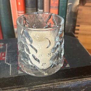 Winter Clear Glass Candle Holder with Embossed Tree Design and Faux Candle